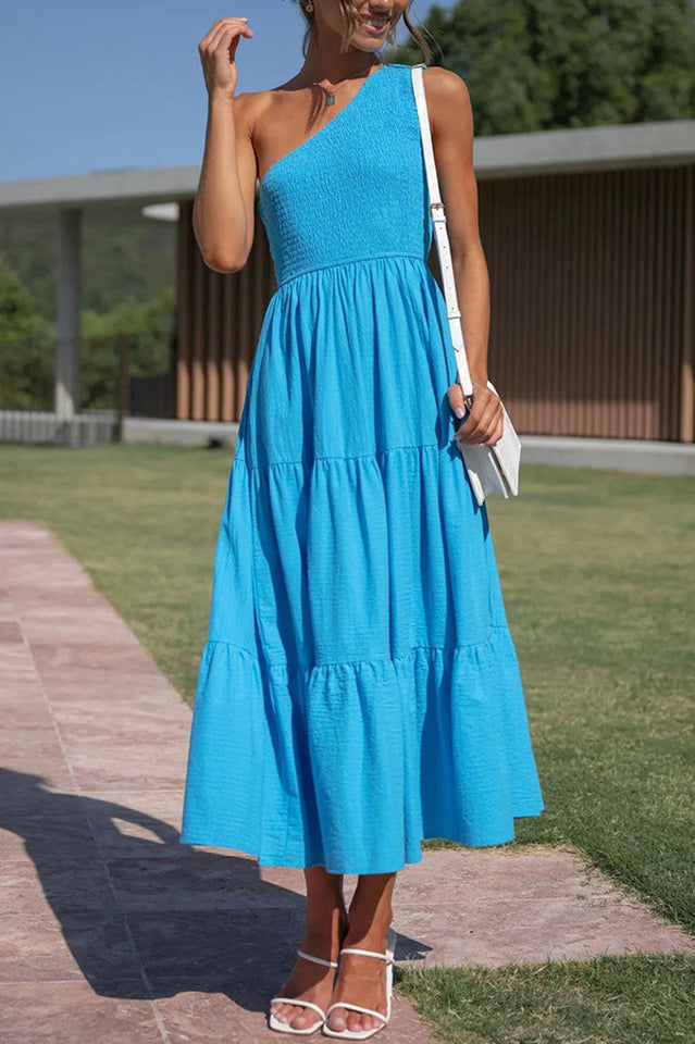 One Shoulder Smocked Bodice Sleeveless Tiered Midi Summer Dress 9