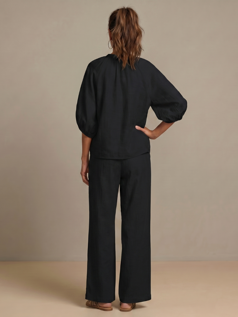 Puff Sleeve Zip Front Top and Wide Leg Pants Two Piece Set