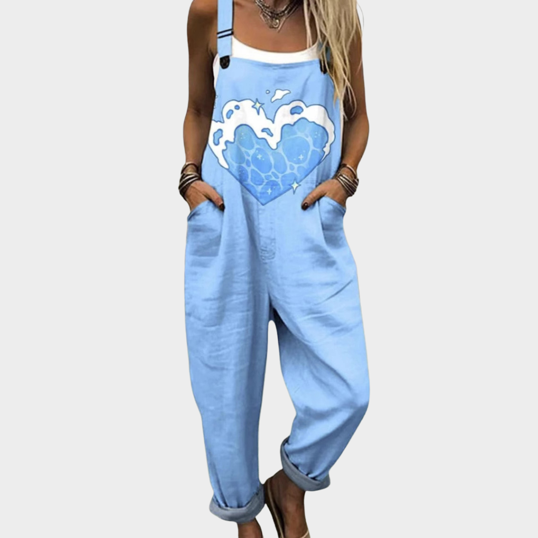 Heart Print Adjustable Strap Wide Leg Overalls Jumpsuit
