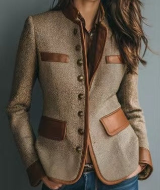 Stand Collar Faux Leather Trim Button Front Tweed Blazer