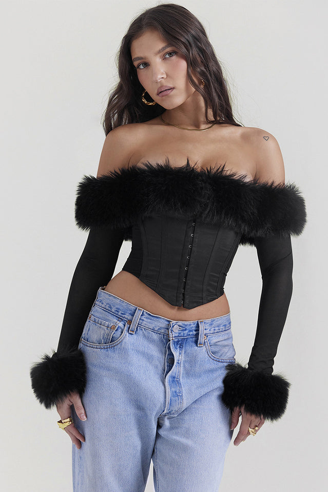 Black Faux Fur Trimmed Bustier