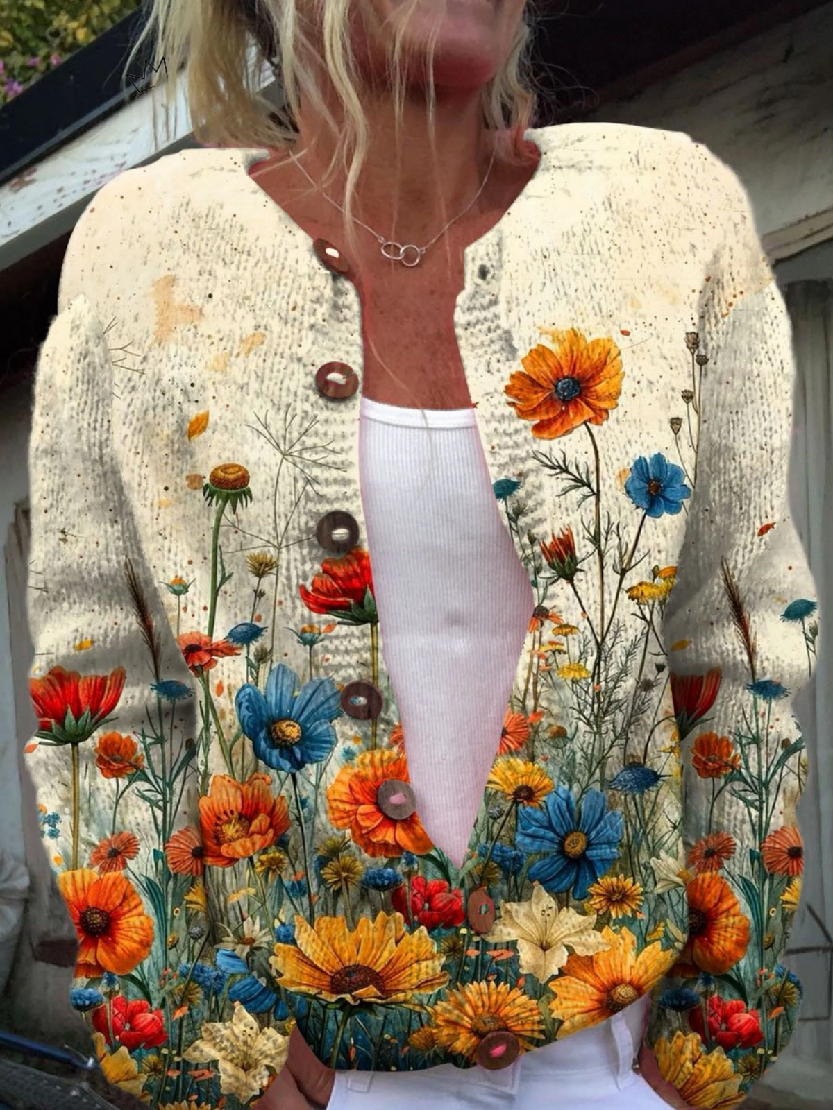 Wildflower Floral Print Crew Neck Button Front Knit Cardigan