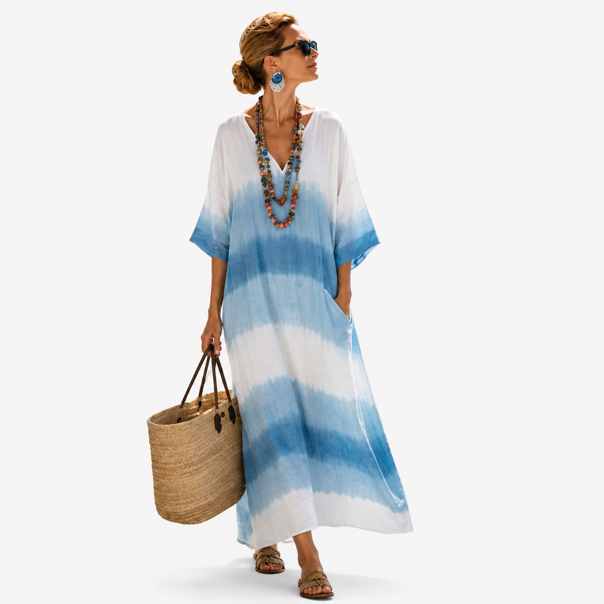 Tie Dye Ombre V-Neck Kaftan Maxi Dress
