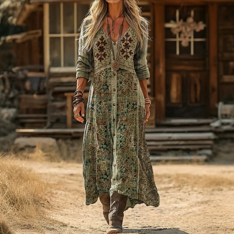 Boho Print V-Neck Long Sleeve Button Front Maxi Dress