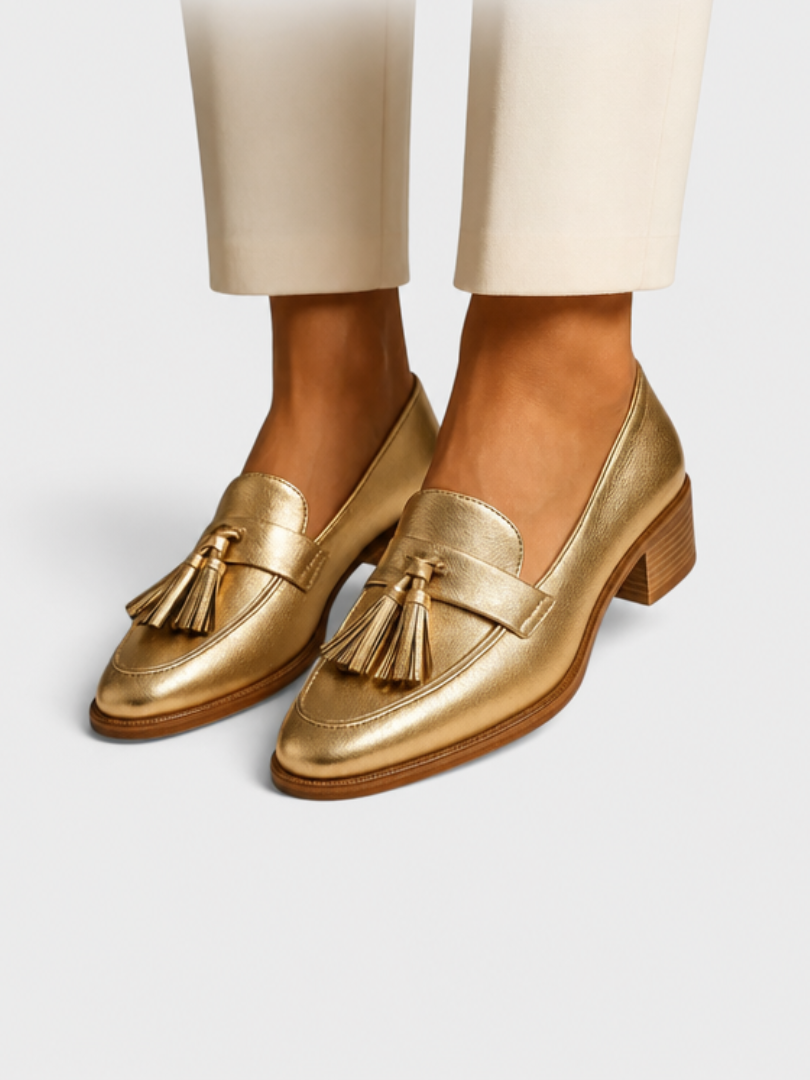 Metallic Tassel Pointed Toe Block Heel Loafers