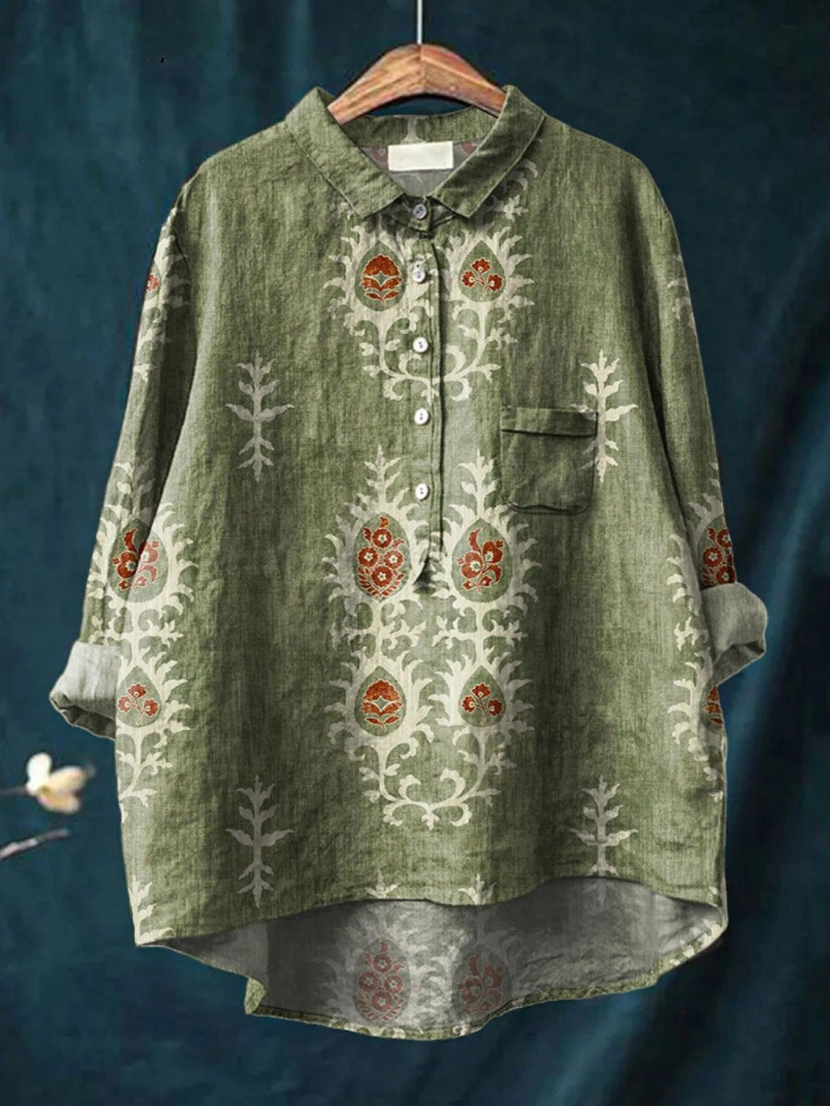 Paisley Print Collared Button Front Long Sleeve Blouse