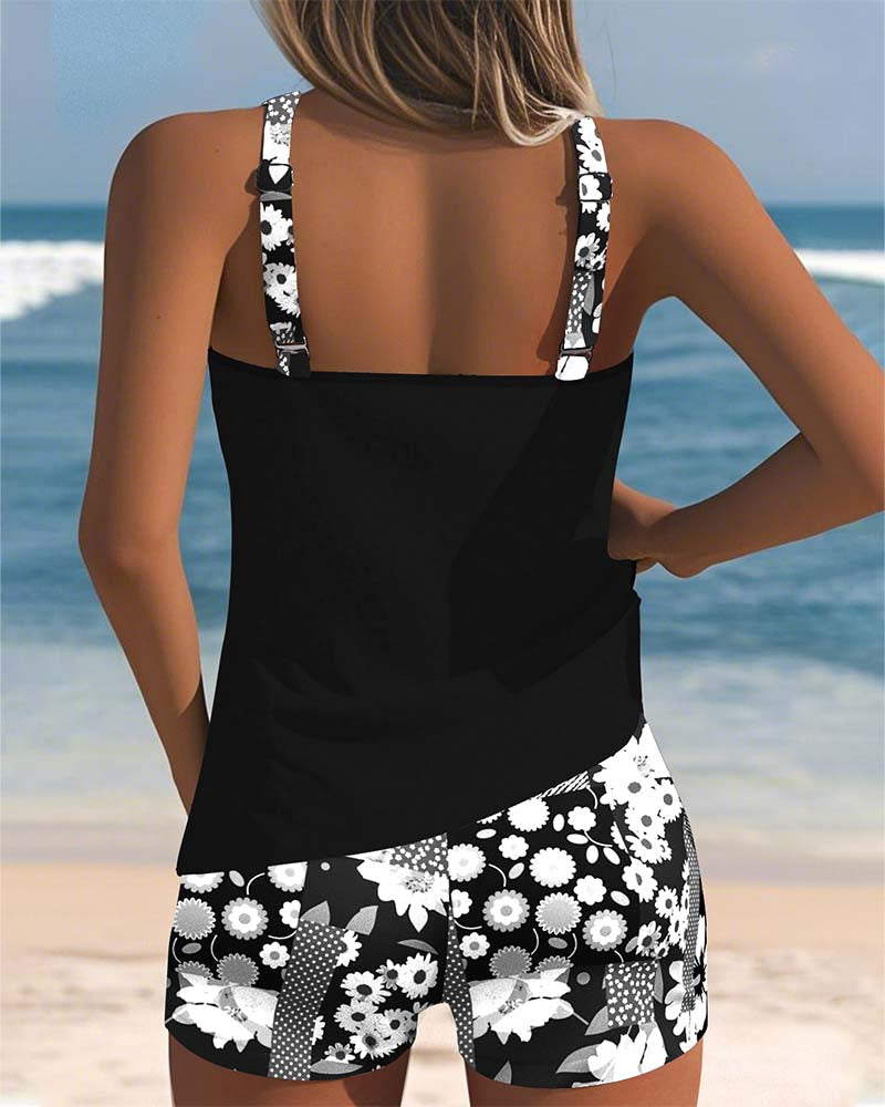 Racerback Tankini Top and Floral Shorts Swimsuit Set