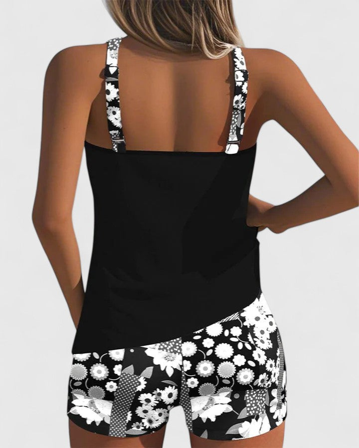 Racerback Tank and Floral Print Shorts Tankini Swimsuit Set