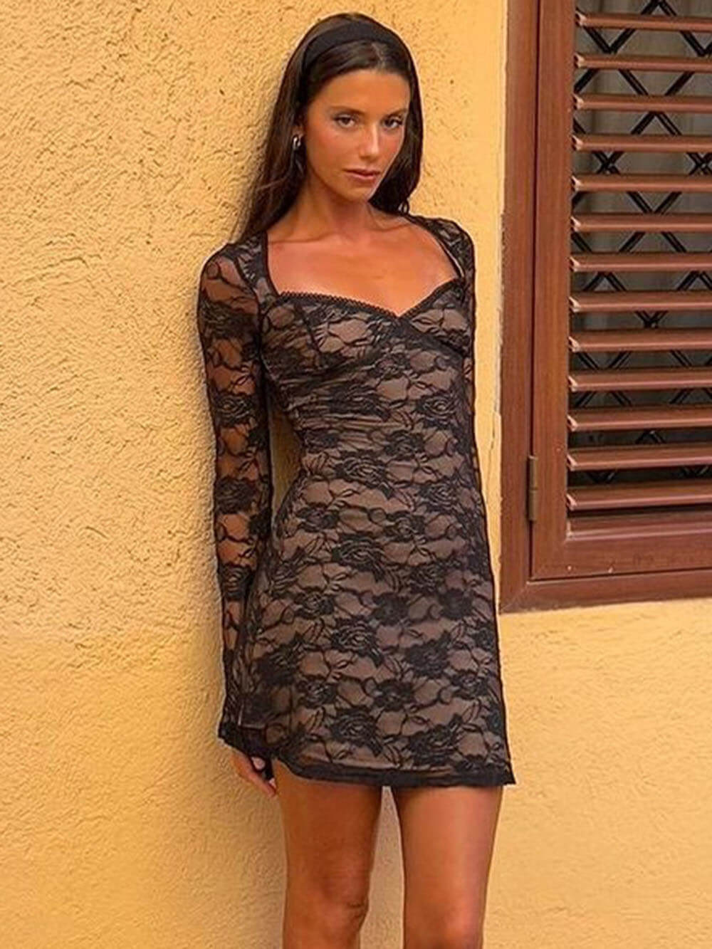 Sheer Floral Lace Plunge Neck Long Sleeve Bodycon Mini Dress 6
