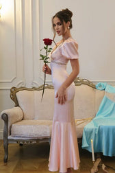 V-Neck Lace Panel Short Sleeve Slit Mermaid Lace Dress