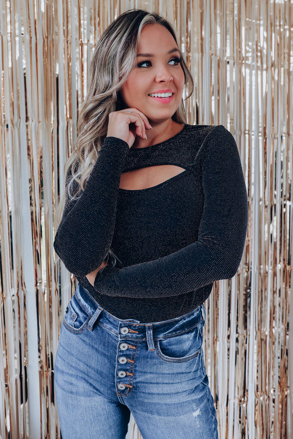 Arm Out In Top Long Metallic Cut Sparkle Black