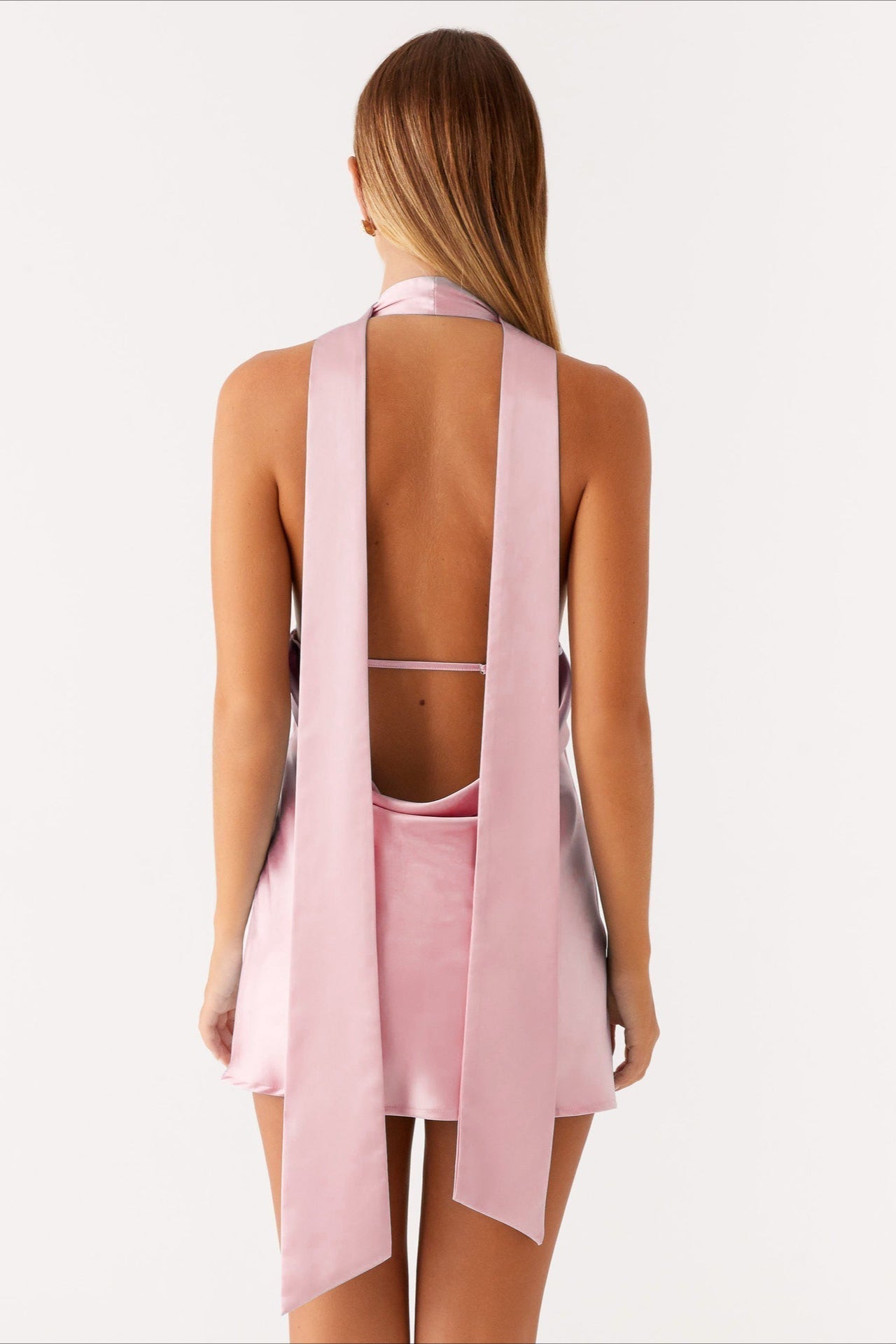 Satin Halter Scarf Neck Deep V-Neck Cut Out Backless Mini Cocktail Dress