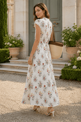 Elegant V Neck Embroidery Waist Long Floral Dress