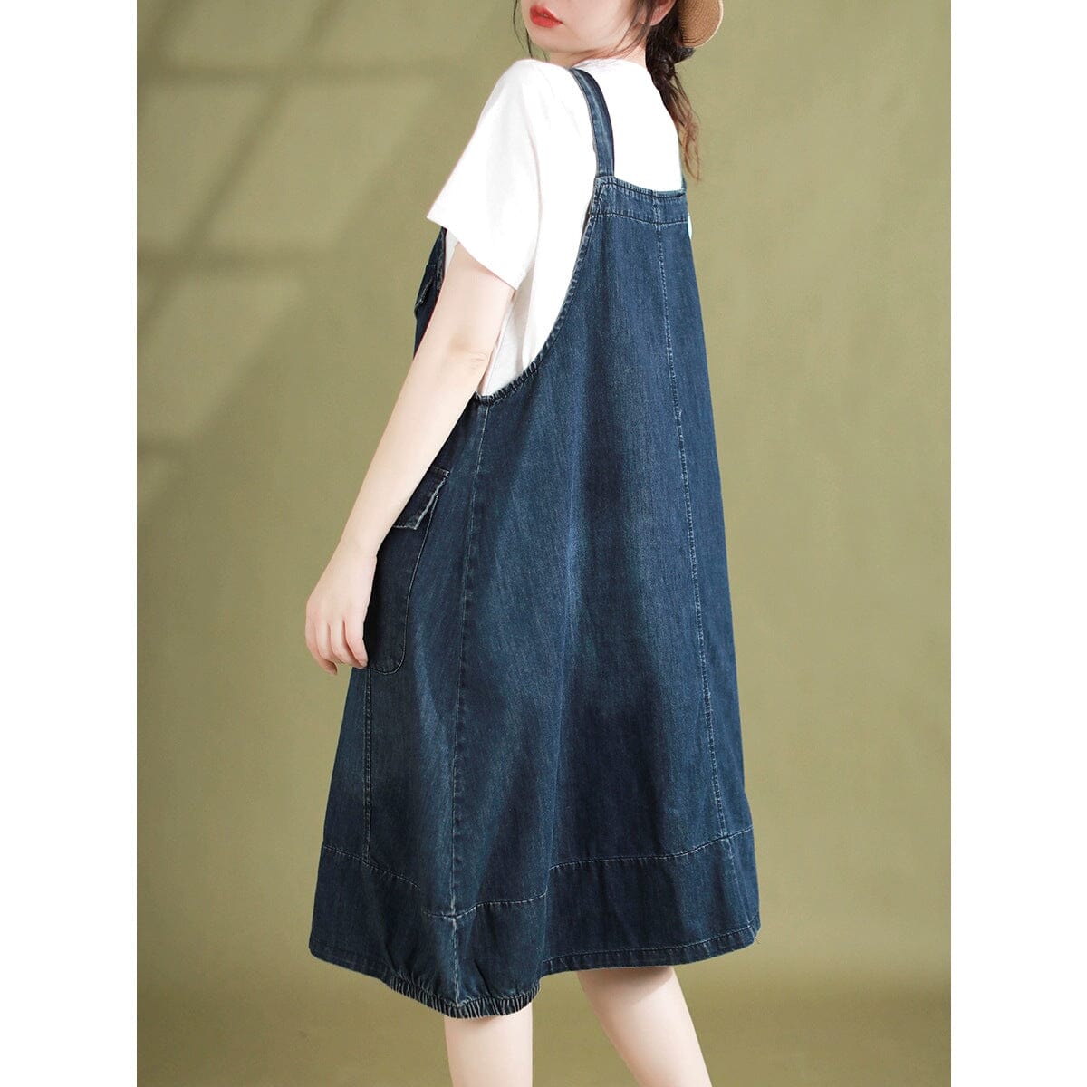 Sleeveless Denim Pinafore Flap Pocket Button Strap Midi Dress