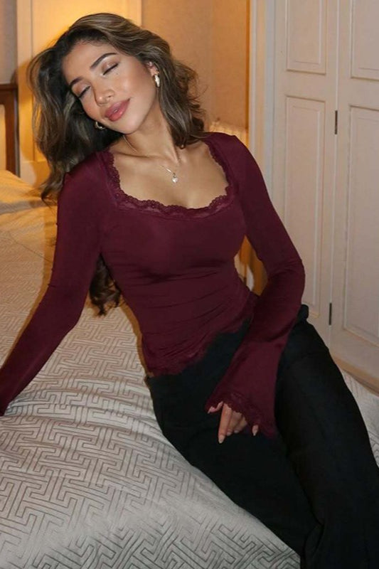 Square Neck Lace Trim Flare Long Sleeve Slim Fit Top 10