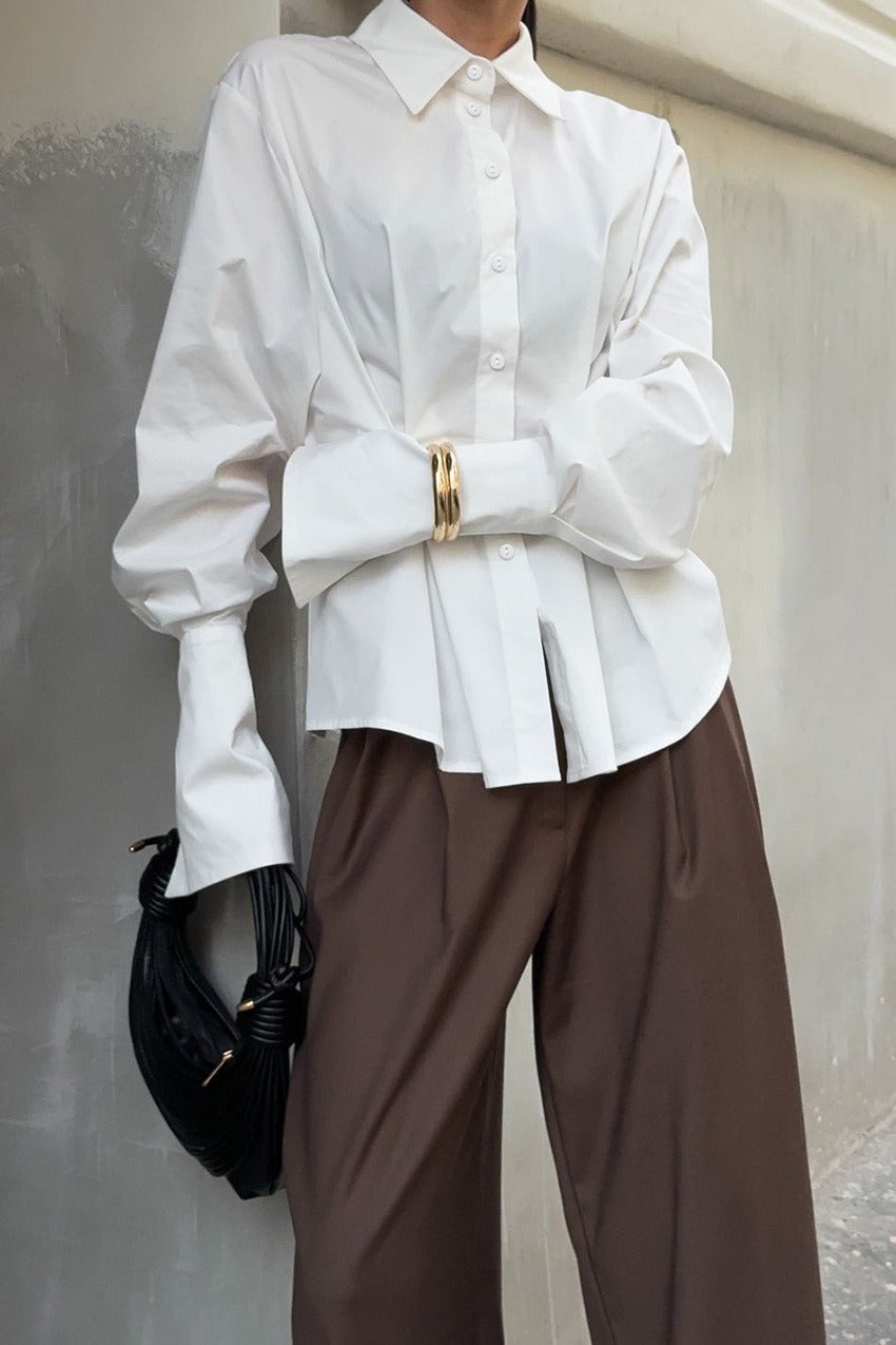 Collared Long Sleeve Pleated Cinched Waist Button Front Shirt 3