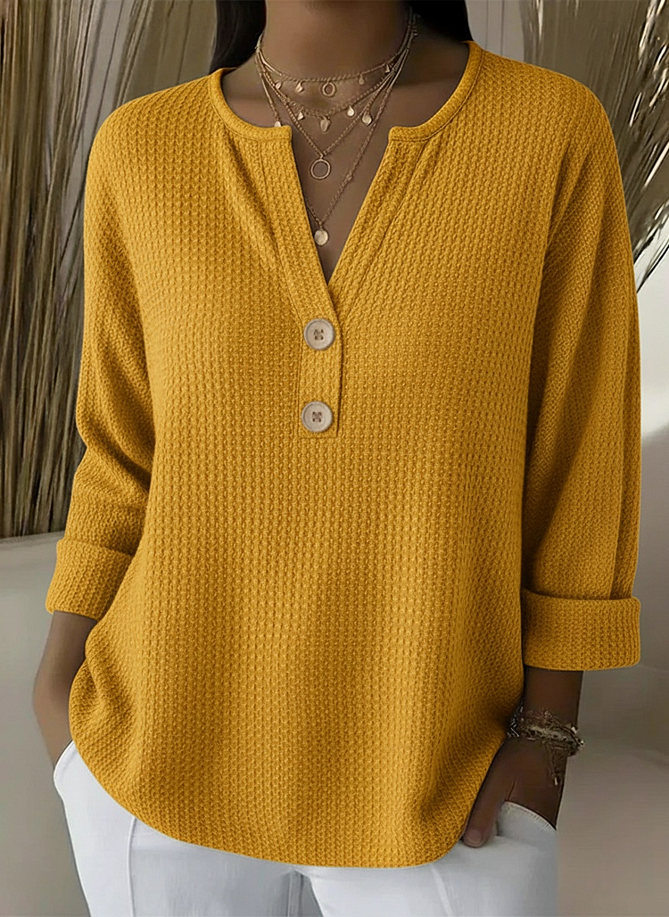 Notch Neck Waffle Knit Button Henley Top
