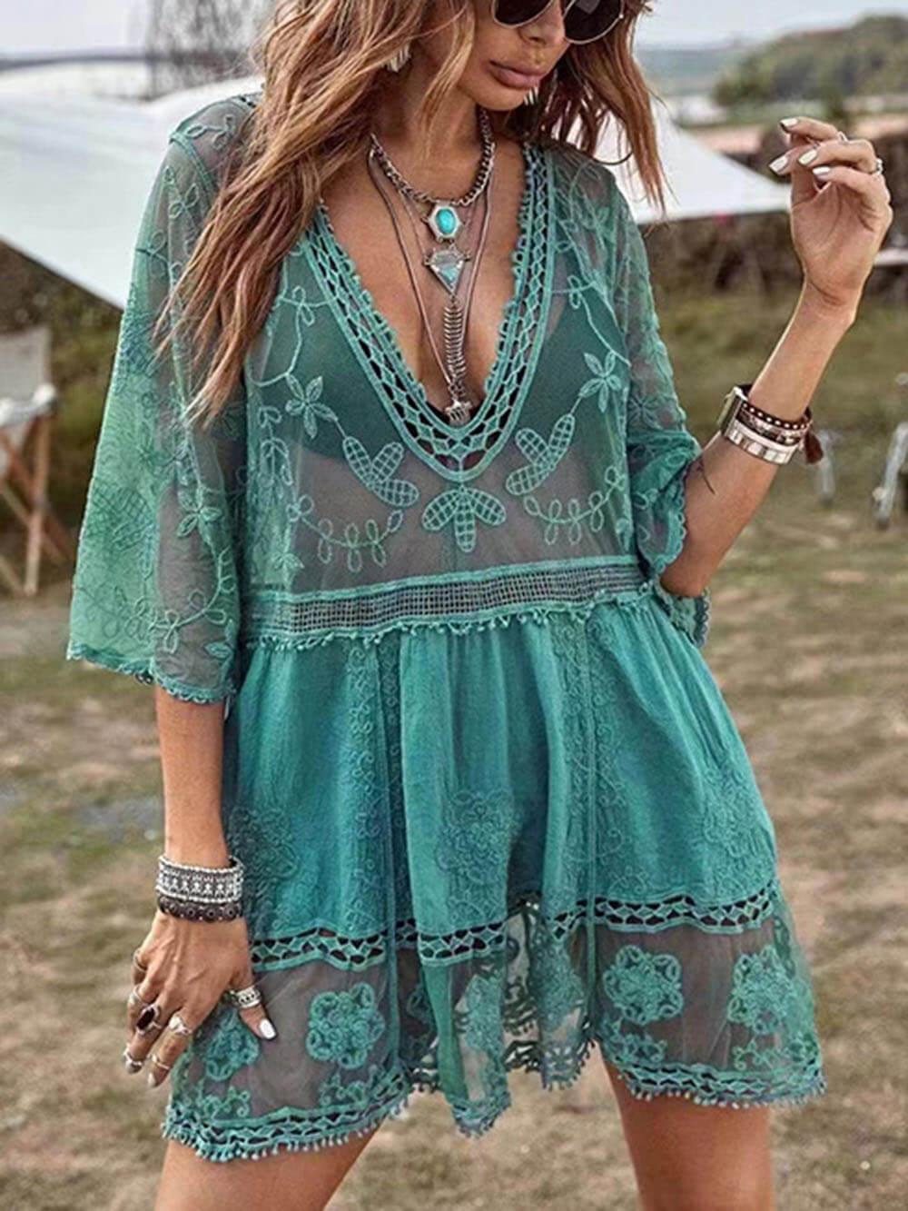 Loose Lace Beach Vacation Bikini Cover-Up Dress Lake Green F