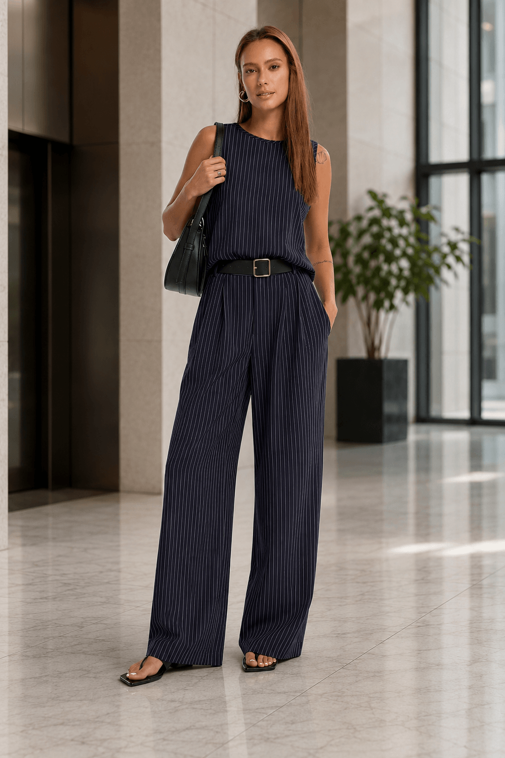 Stripe Crew Sleeveless High Waist Wide Leg Work Set