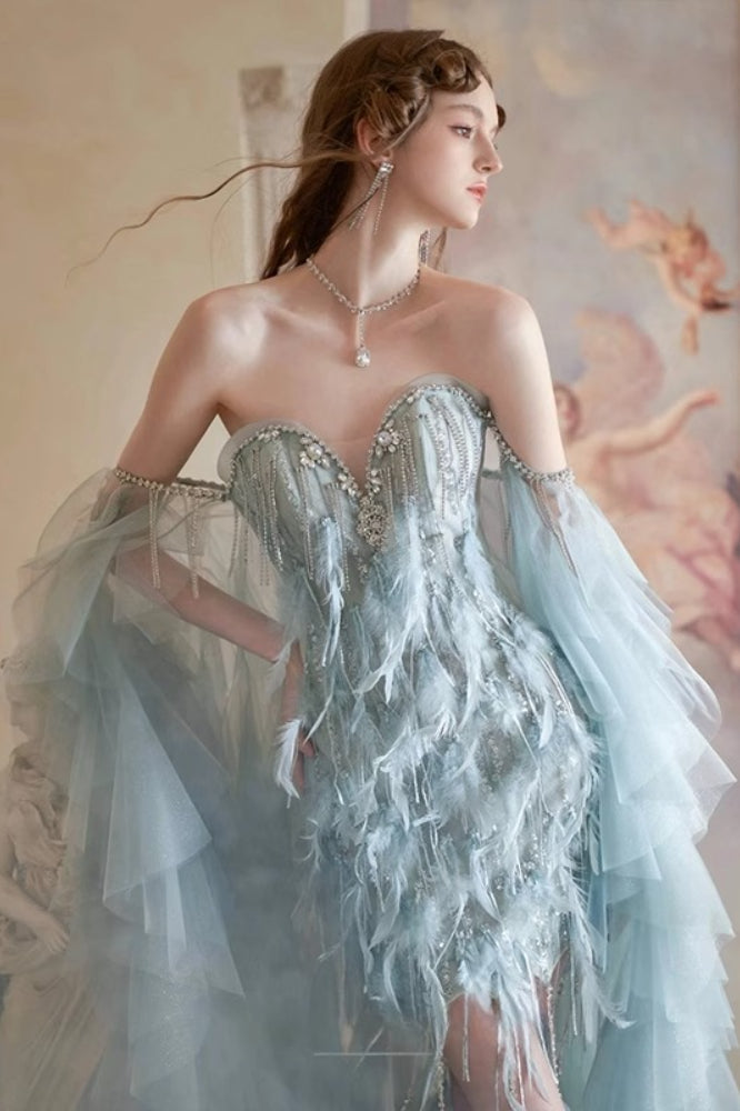 Feather Trim Ball Gown Prom Dress