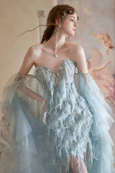 Feather Trim Ball Gown Prom Dress