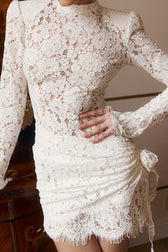 Lace Trim Cutout Long Sleeve Fit Mini Lace Dress