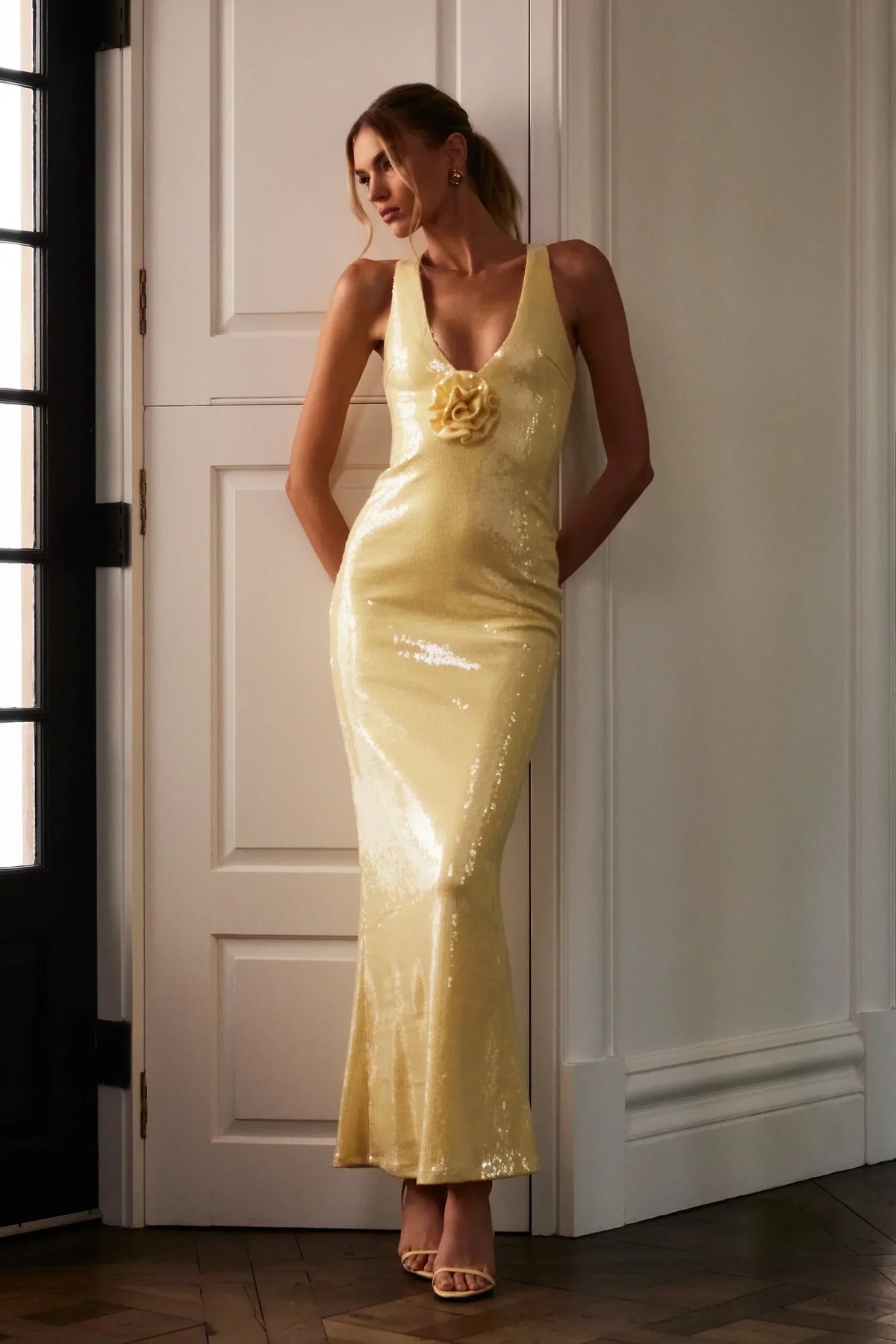 Sequin Scoop Neck Racerback Rosette Side Split Maxi Dress 8
