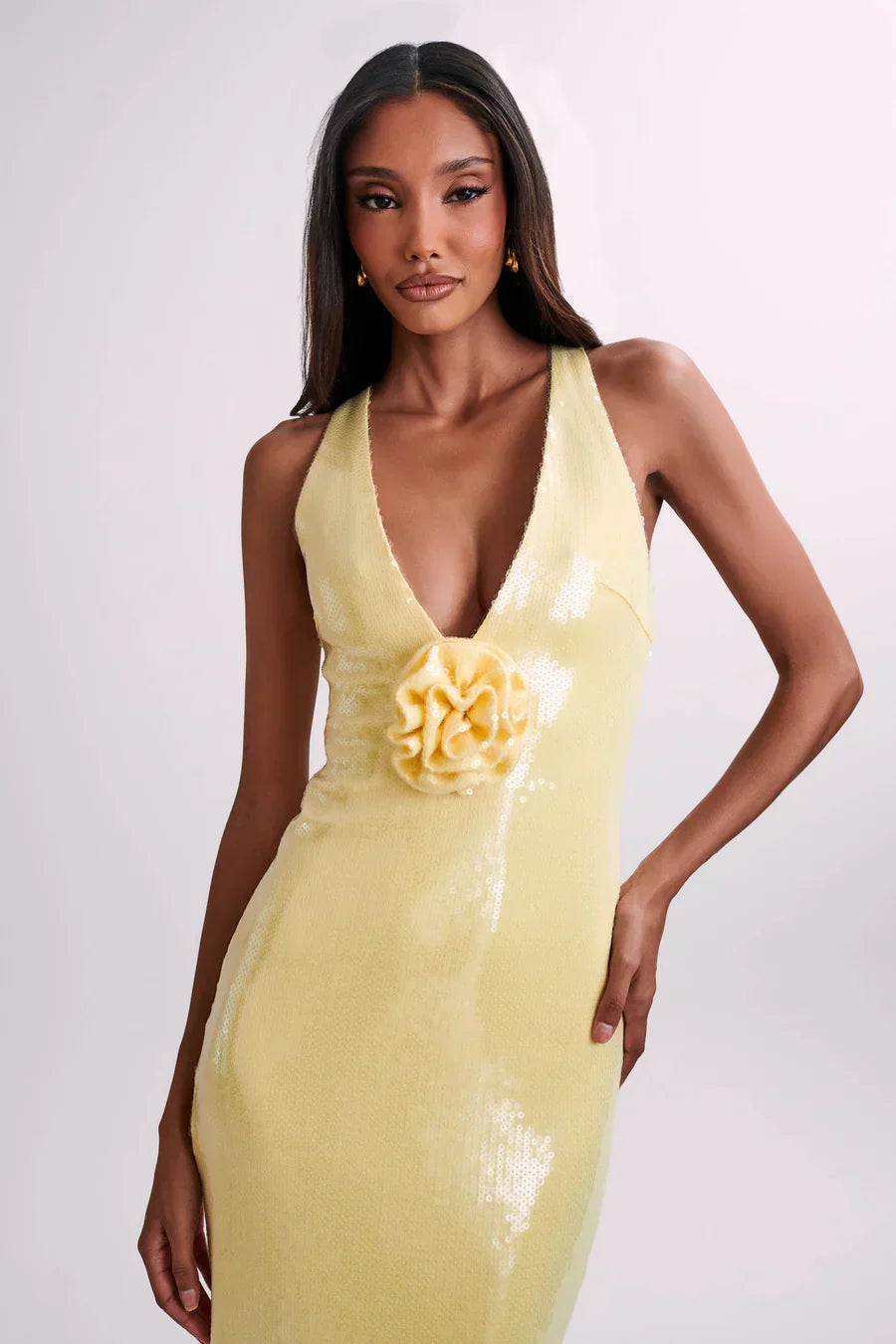 Sequin Scoop Neck Racerback Rosette Side Split Maxi Dress 11