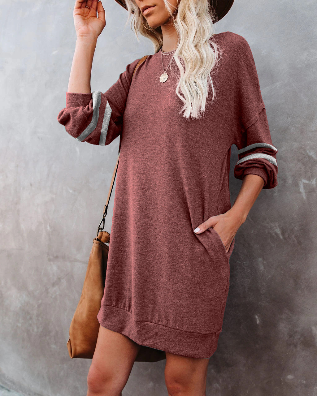 Randy Pocketed Long Sleeve Knit Dress Marsala FINAL