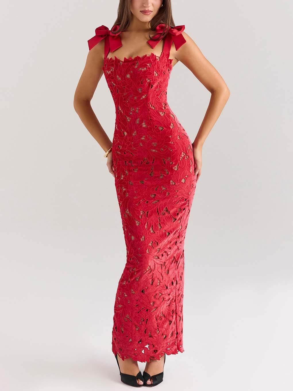 Elegant Bow Strap Festive Maxi Dress Red