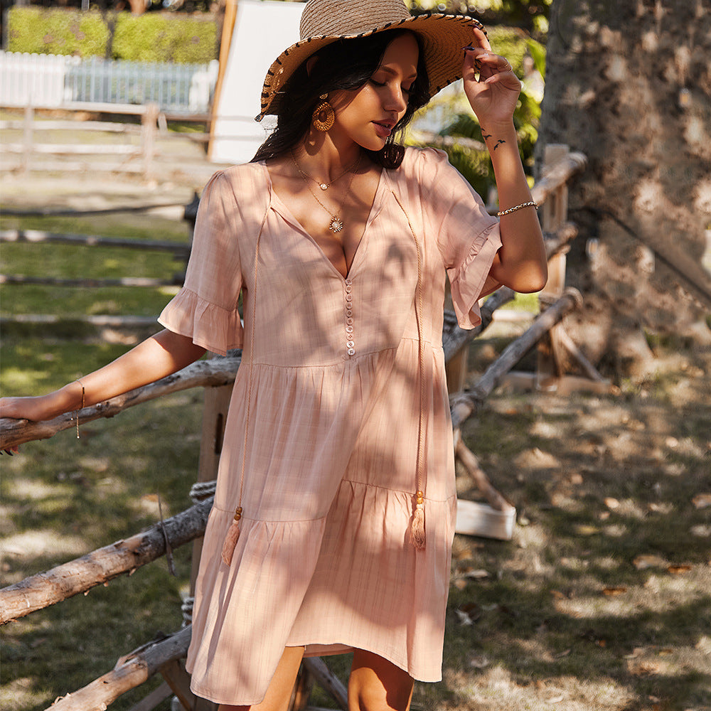 Loose Mid Waist Casual Dress Spring Summer PointSleeve Short V-neck