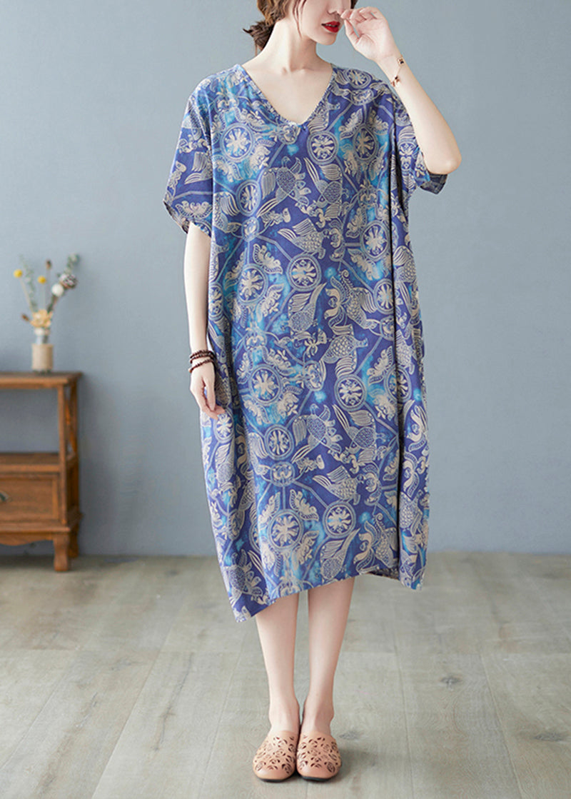 Crane Print V-Neck Short Sleeve Drop Shoulder Oversized Shift Midi Dress