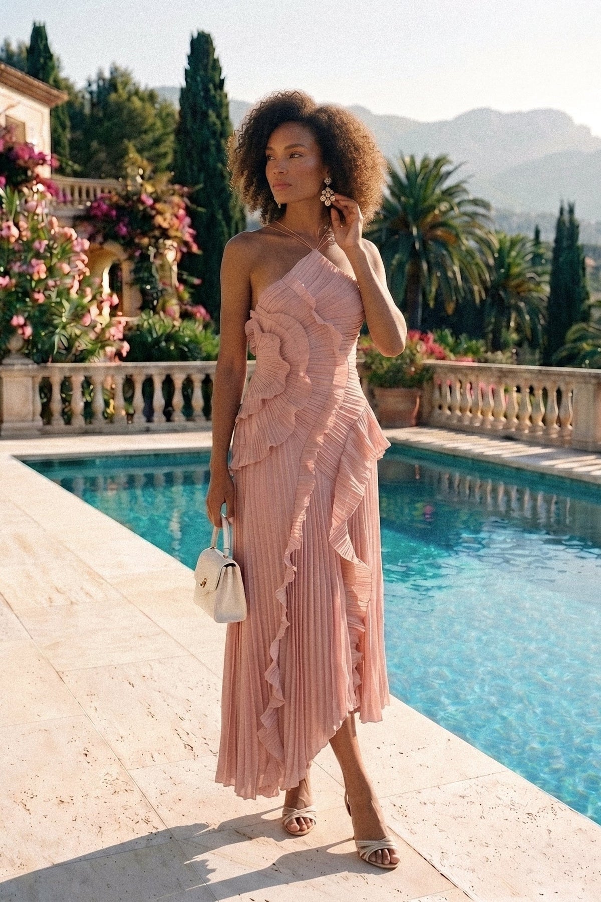 Pleated Halter Neck Rosette Cascading Ruffle Asymmetric Hem Midi Dress