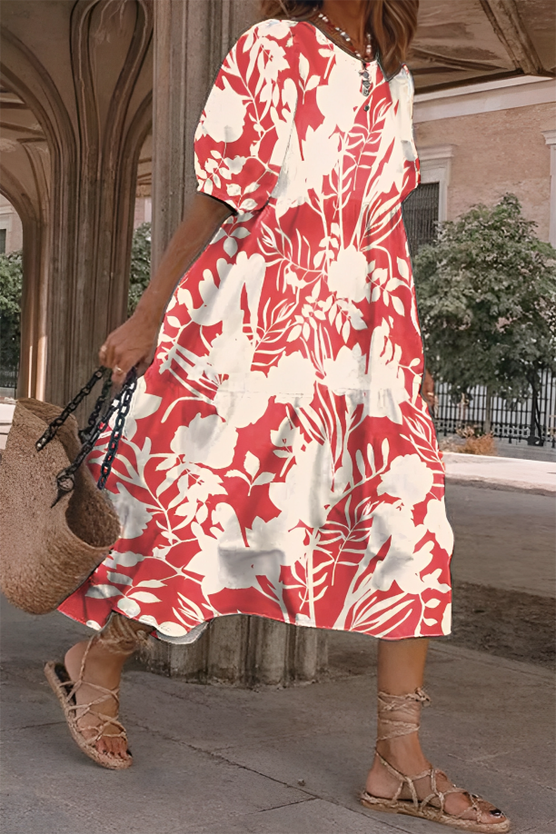 Leaf Print Short Sleeve Tiered Midi Dress
