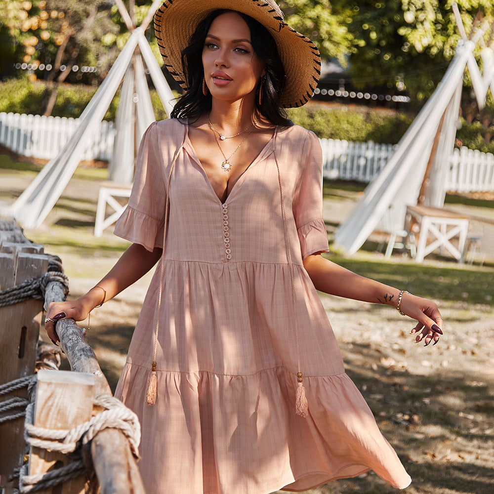 Loose Mid Waist Casual Dress Spring Summer PointSleeve Short V-neck