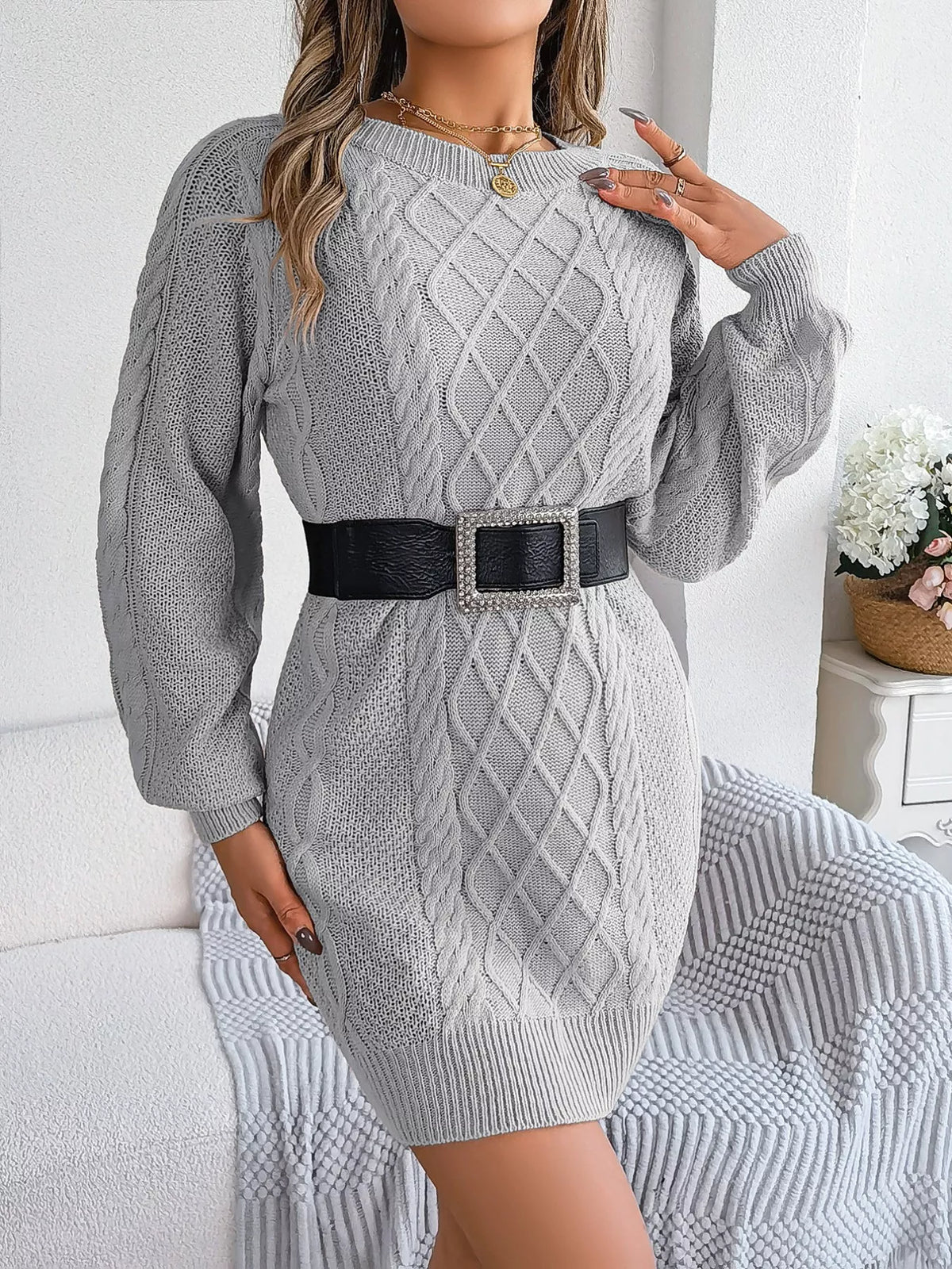 Diamond Cable Knit Crew Neck Long Sleeve Mini Sweater Dress 18