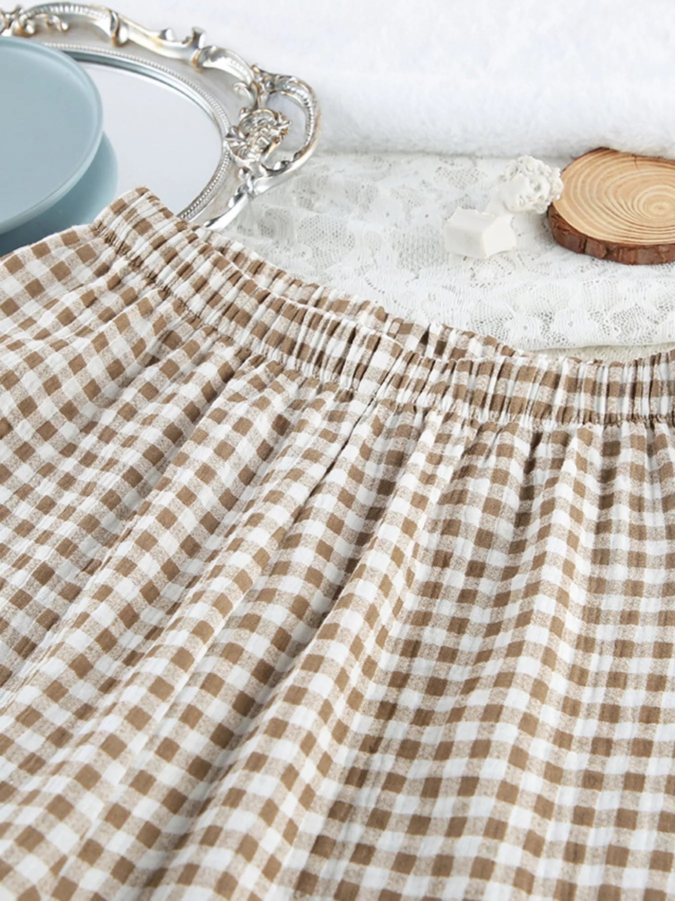 Gingham Ruffle-Trim Top and Pants Lounge Set