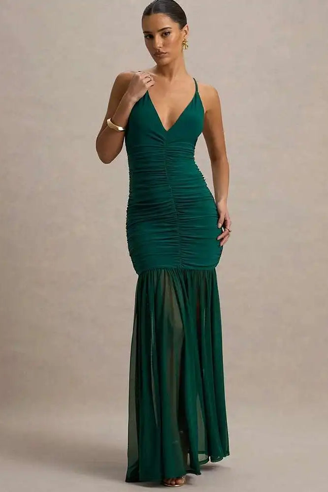 Patchwork V-Neck Ruched Backless Maxi Dress