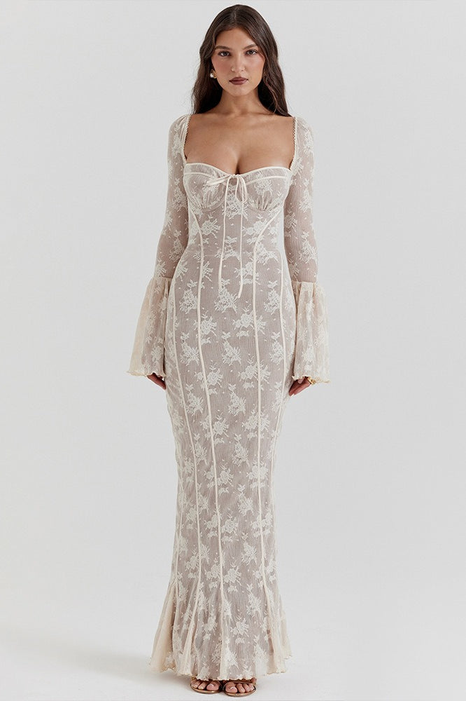 Strapless Lace Flared Backless Bodycon Maxi Lace Dress