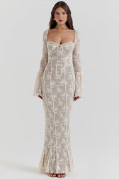 Strapless Lace Flared Backless Bodycon Maxi Lace Dress