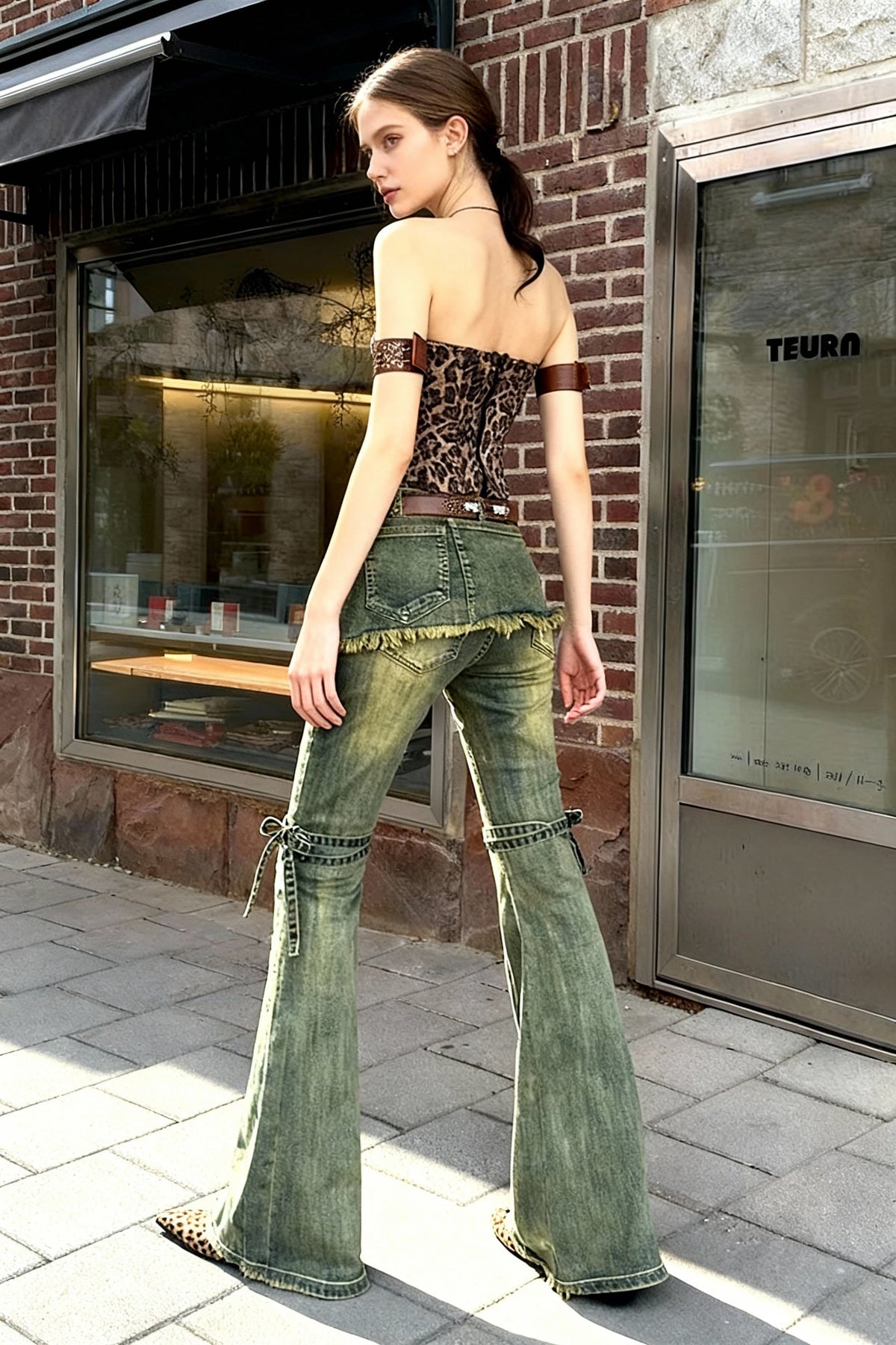 Frayed Skirt Overlay Lace Up Knee Washed Flare Jeans 2