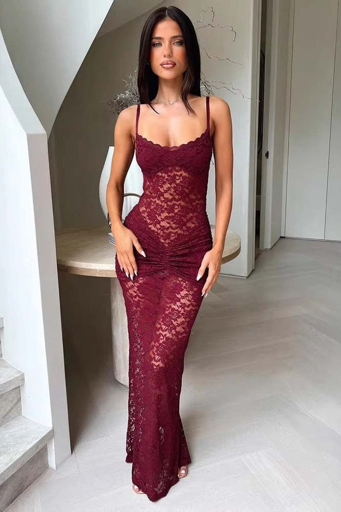 Lace Off-Shoulder Spaghetti Open Slit Slim Lace Dress