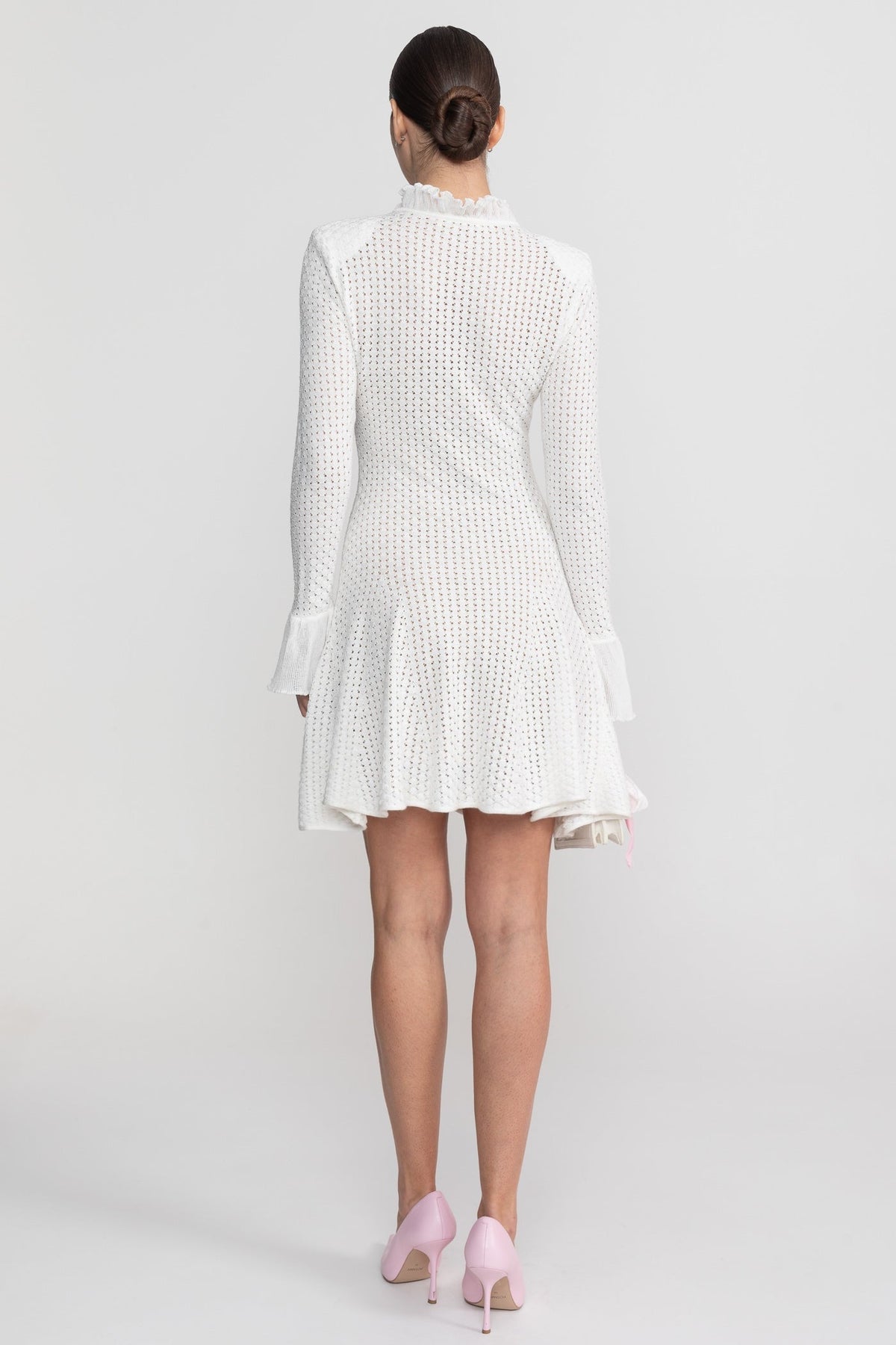 Open Knit Ruffle Neck Button Front Flare Cuff Long Sleeve Mini Dress 7