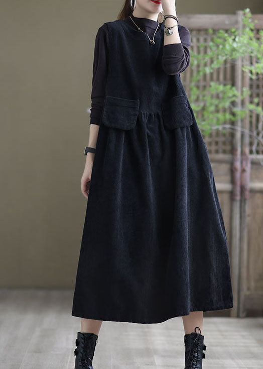Corduroy Sleeveless Round Neck Flap Pocket Gathered Waist A-Line Midi Dress