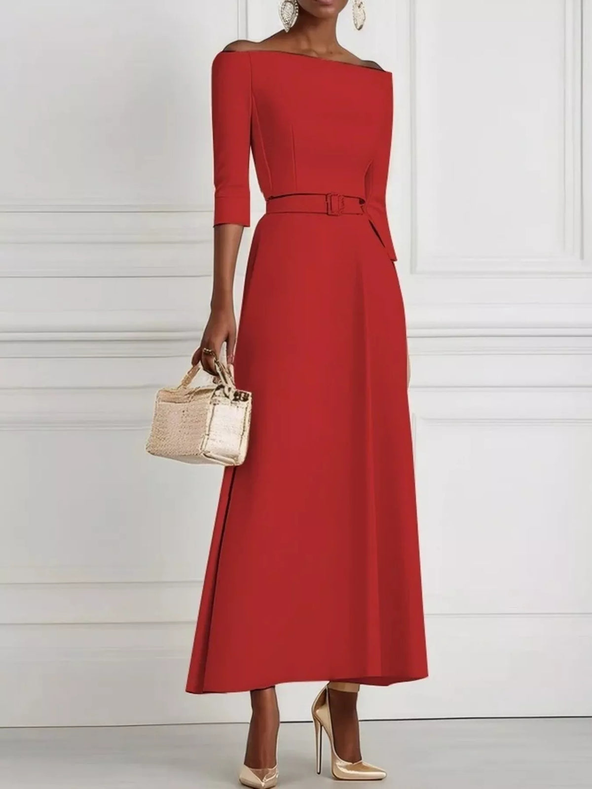 Off Shoulder Half Sleeve Belted A-Line Maxi Dress 14