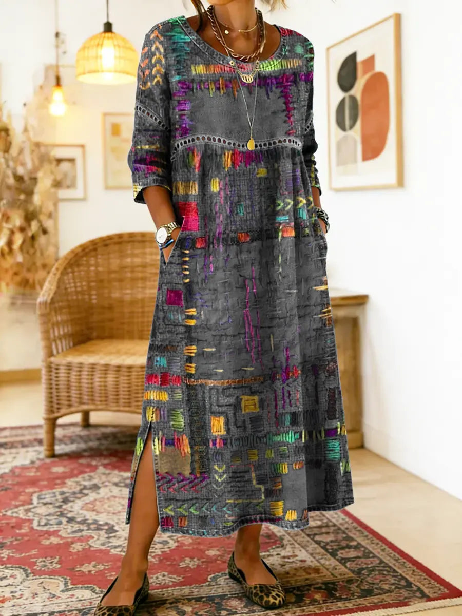Patchwork Print Round Neck Pocket A-Line Maxi Dress