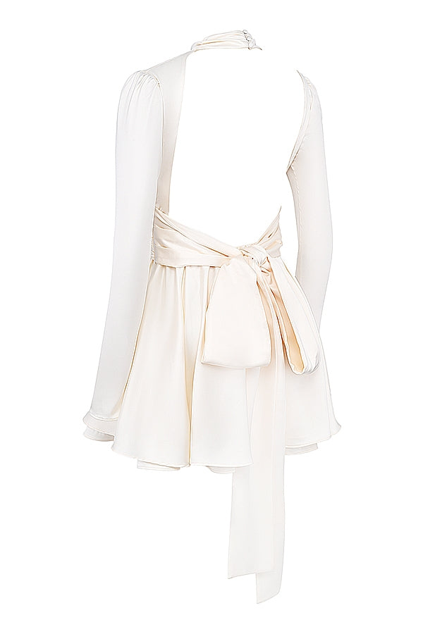 Satin Mock Neck Long Sleeve Open Back Bow Tie Skater Mini Dress 12