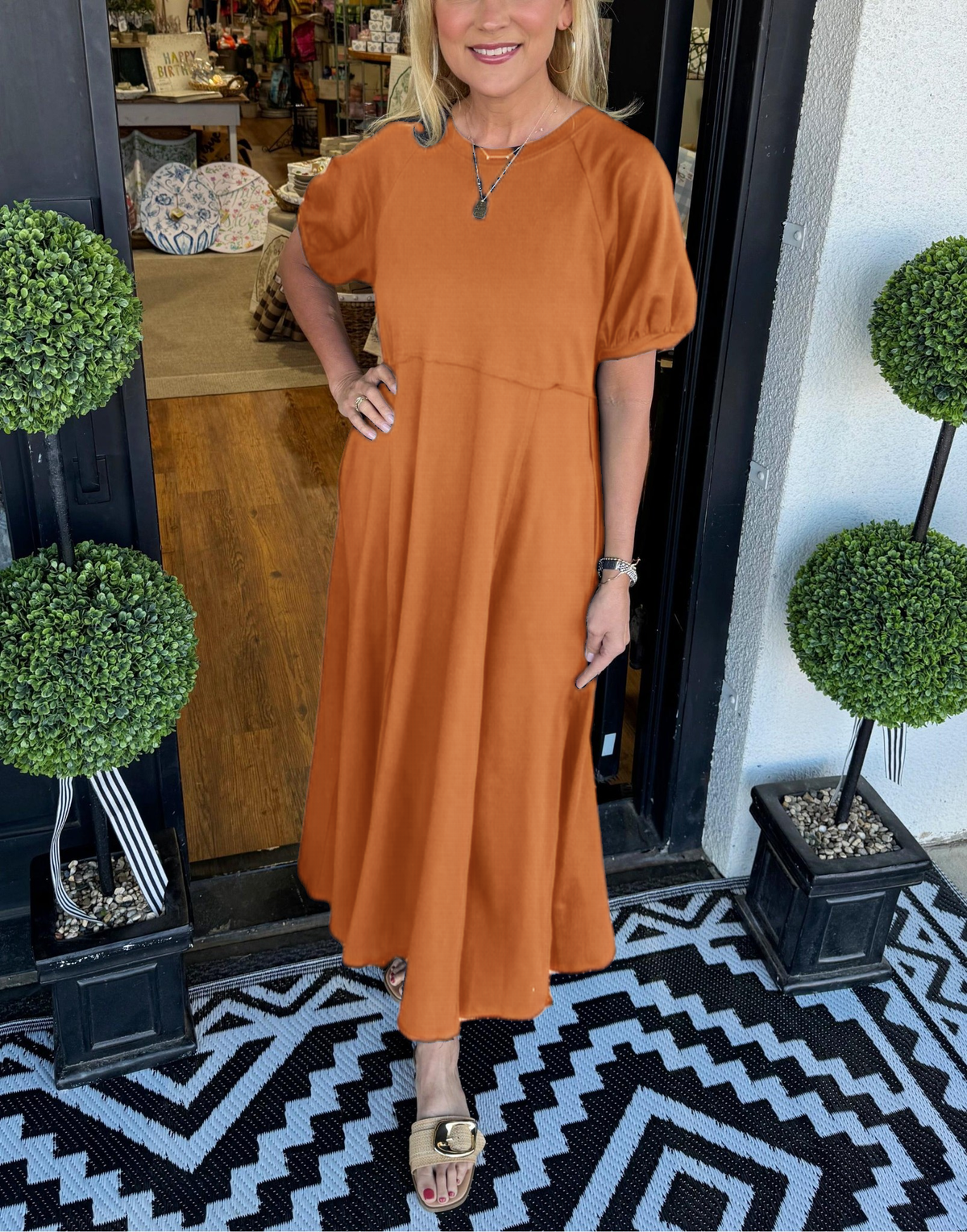 Round Neck Puff Sleeve Fit and Flare Midi Dress