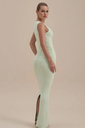 Sleeveless V Neck Ruched Back Slit Bodycon Party Dress