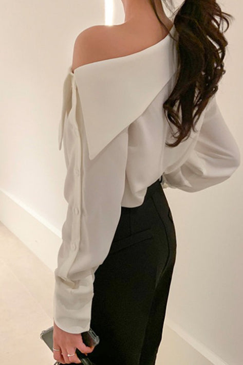 Off Shoulder Button Front Long Sleeve Top